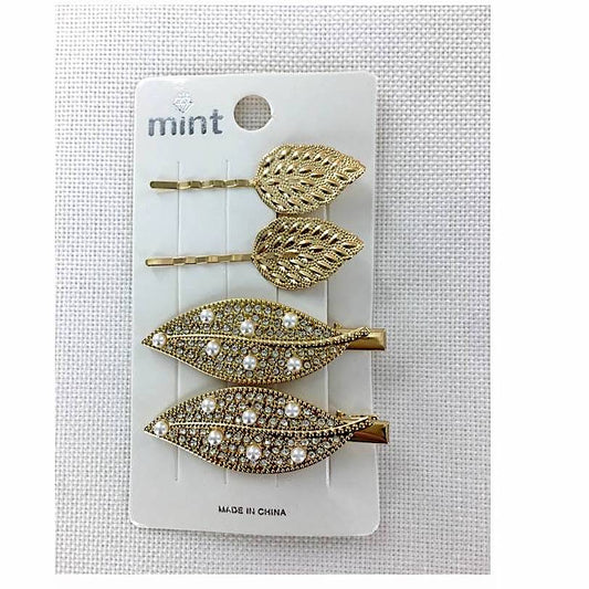 GYH11755 - Rhinestone & Pearl Leaf Hair Clip Set