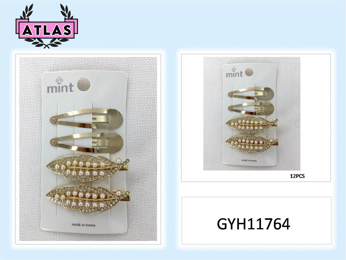 GYH11764 - Rhinestone & Pearl Leaf Hair Clip Set