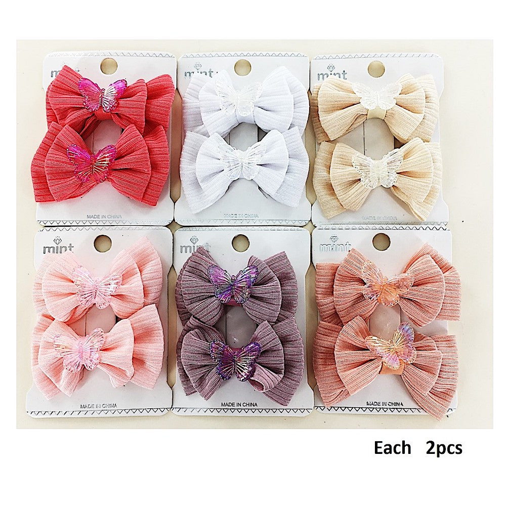 Butterfly Charm Ribbed Hair Bow Clip Set