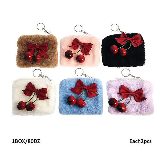 Faux Fur Cherry Bow Coin Pouch