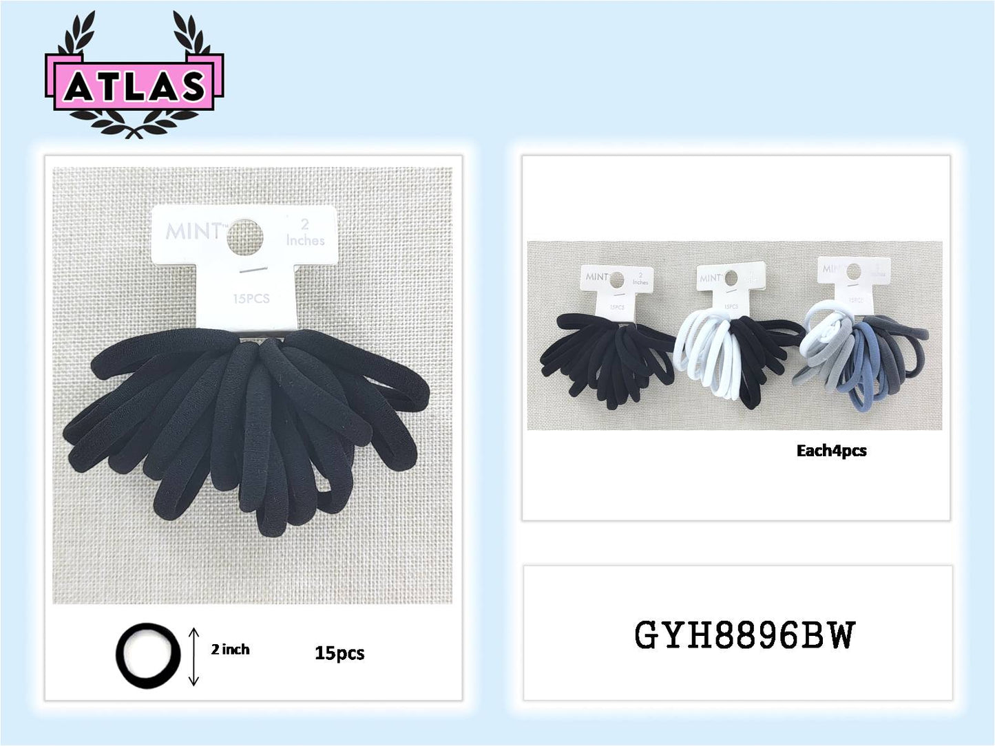 GYH8896BW - Seamless Nylon Hair Tie 15 Pce Set