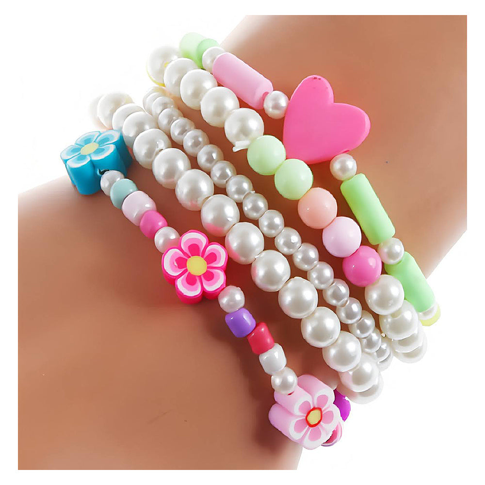 Flower & Pearl Bead Stretch Bracelet Set
