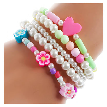 Flower & Pearl Bead Stretch Bracelet Set