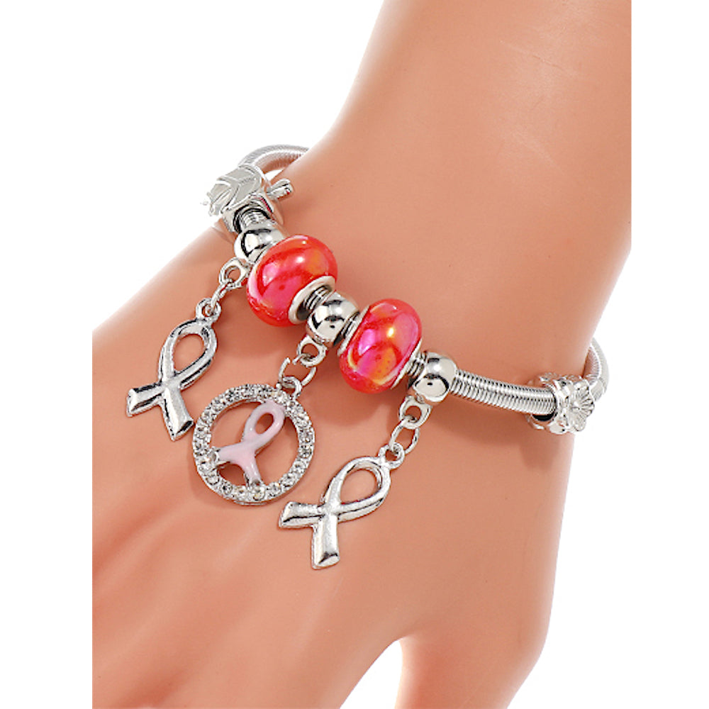 JAB37237S - Silver Pink Ribbon Charm Bracelet