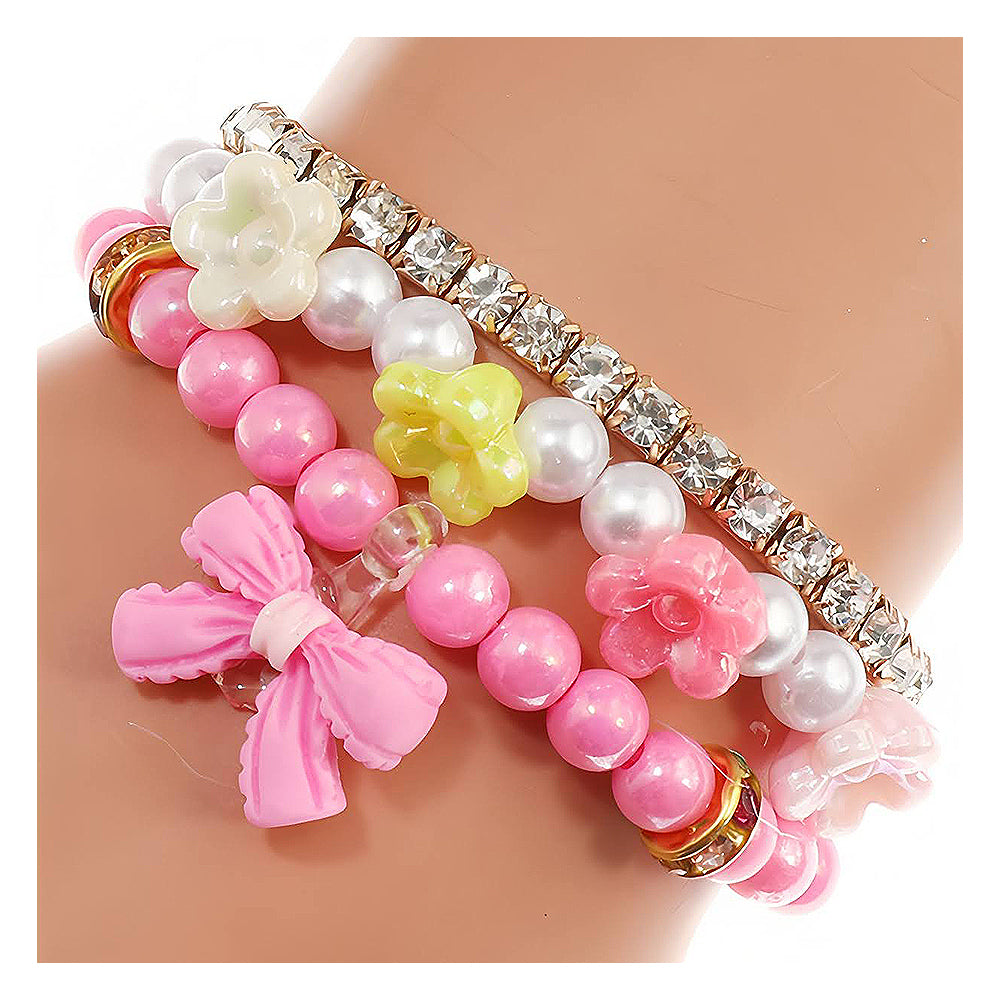 Bow Charm Bead Stretch Bracelet Set