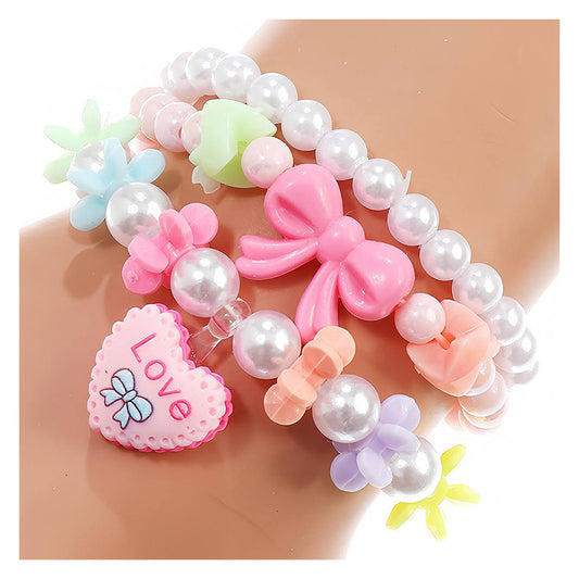 Heart Charm Bead Stretch Bracelet Set
