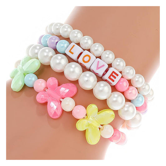 Butterfly & Pearl Charm Bead Stretch Bracelet Set