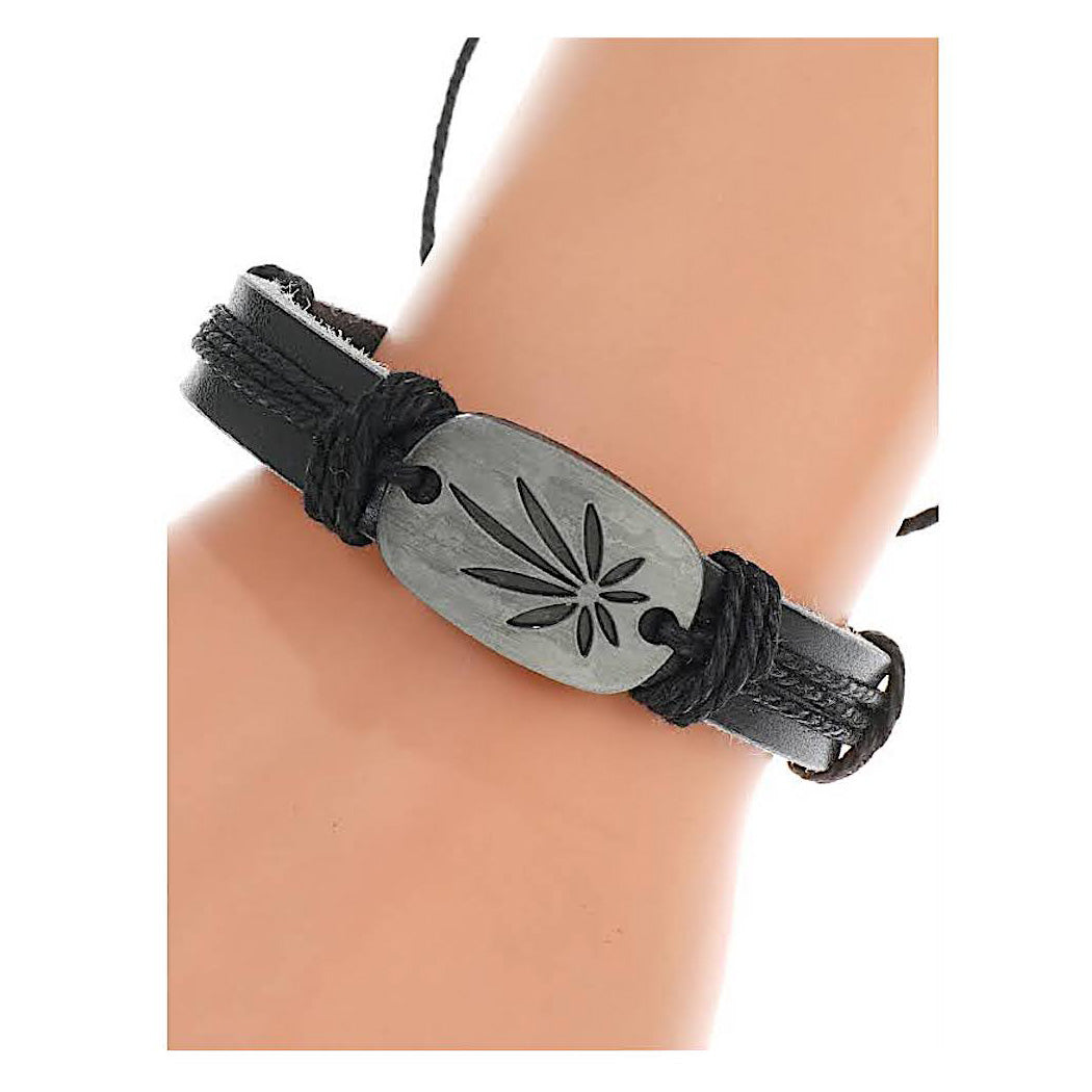 JAB43750 - Marijuana Leaf Leather Bracelet