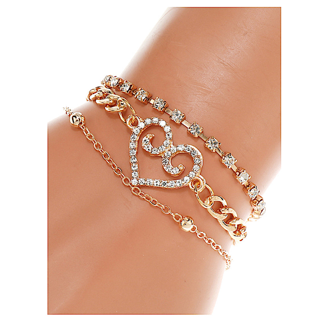 JAB46261 - Rhinestone Heart Chain Bracelet Set