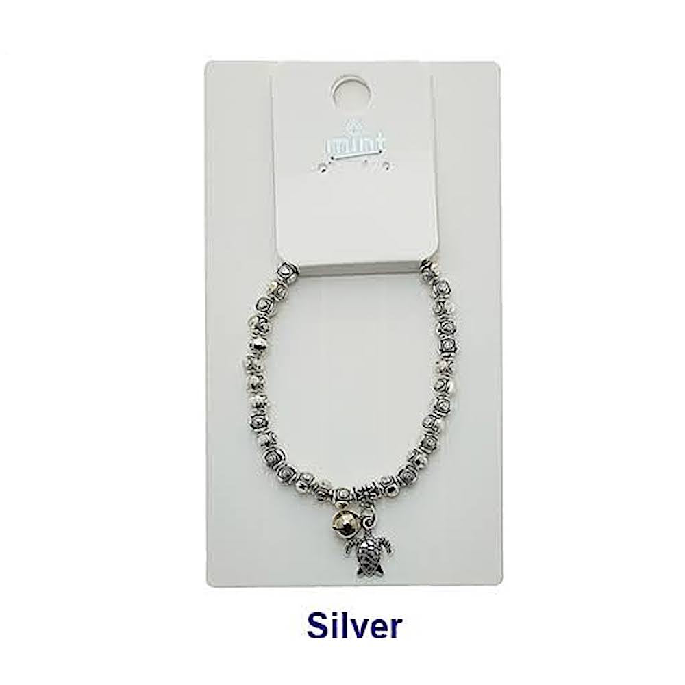 Silver Turtle Charm Bead Bracelet