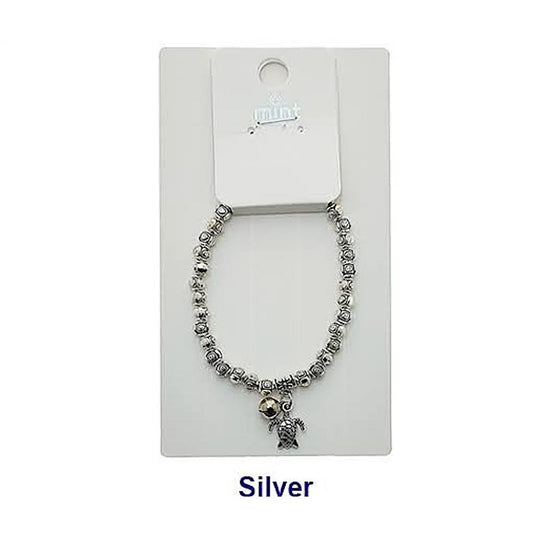 Silver Turtle Charm Bead Bracelet