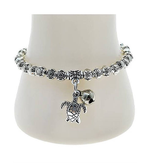 Silver Turtle Charm Bead Bracelet
