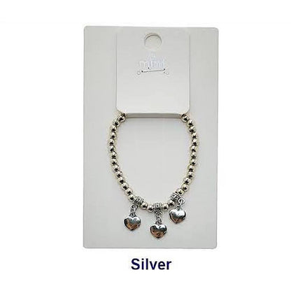 Heart Charm Silver Bead Stretch Bracelet