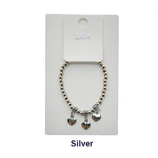 Heart Charm Silver Bead Stretch Bracelet