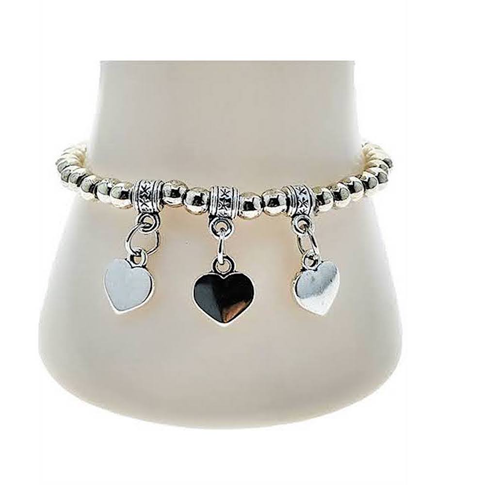 Heart Charm Silver Bead Stretch Bracelet
