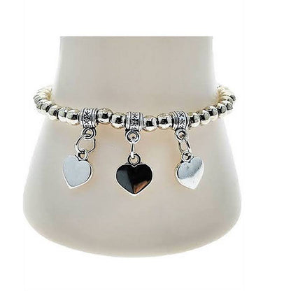 Heart Charm Silver Bead Stretch Bracelet