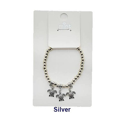 Silver Turtle Charm Bead Bracelet