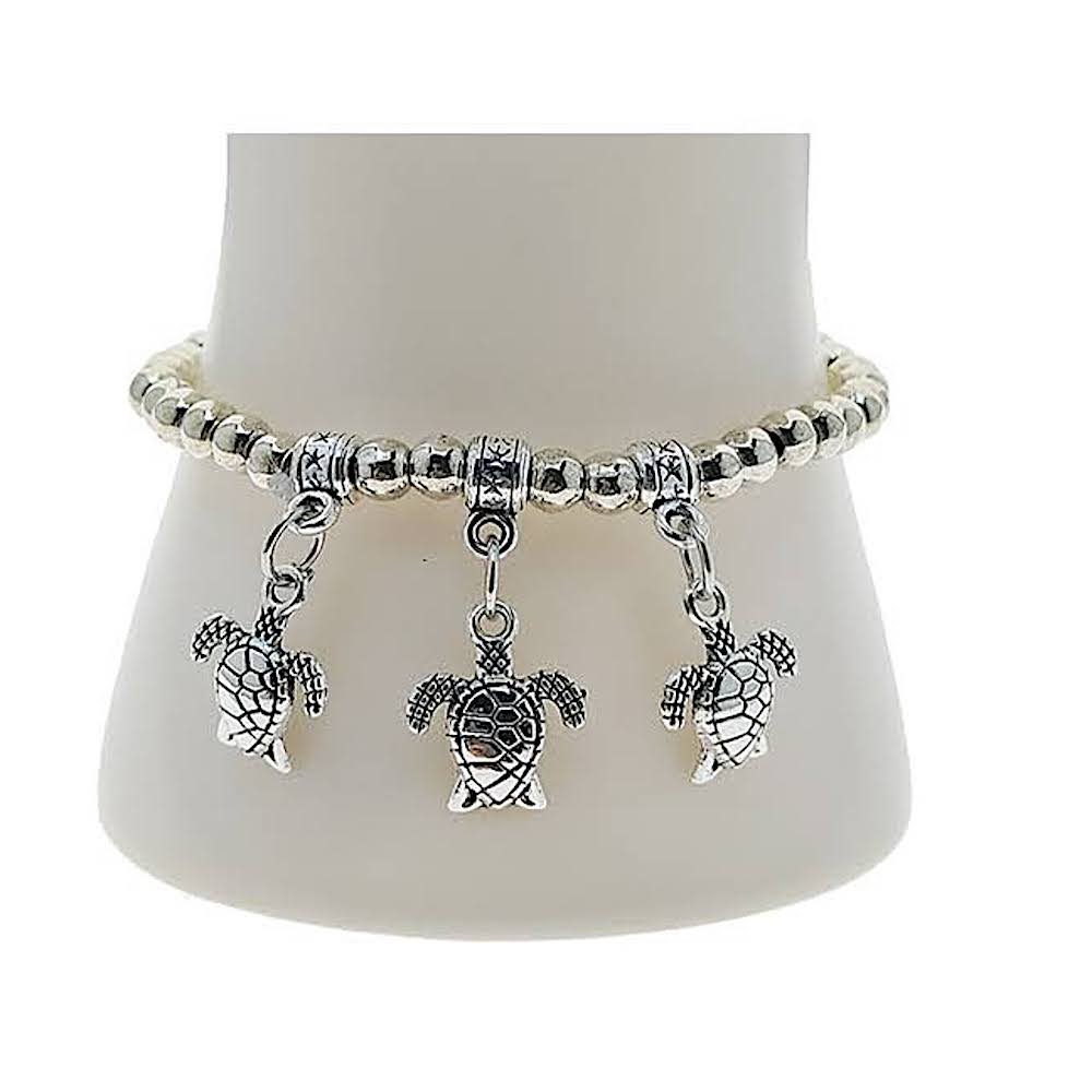 Silver Turtle Charm Bead Bracelet