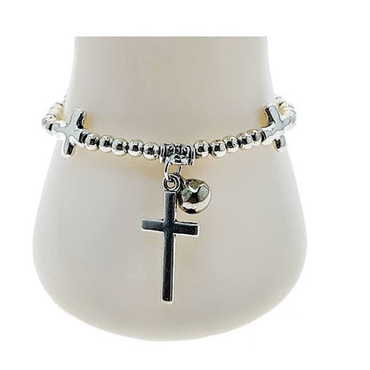 Silver Cross Charm Bead Bracelet