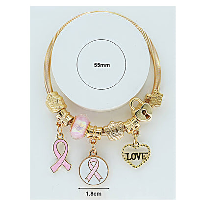 Pink Ribbon Breast Cancer Awareness Charm Coil Bracelet