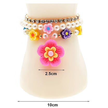 Flower Charm Pearl Bead Stretch Bracelet Set