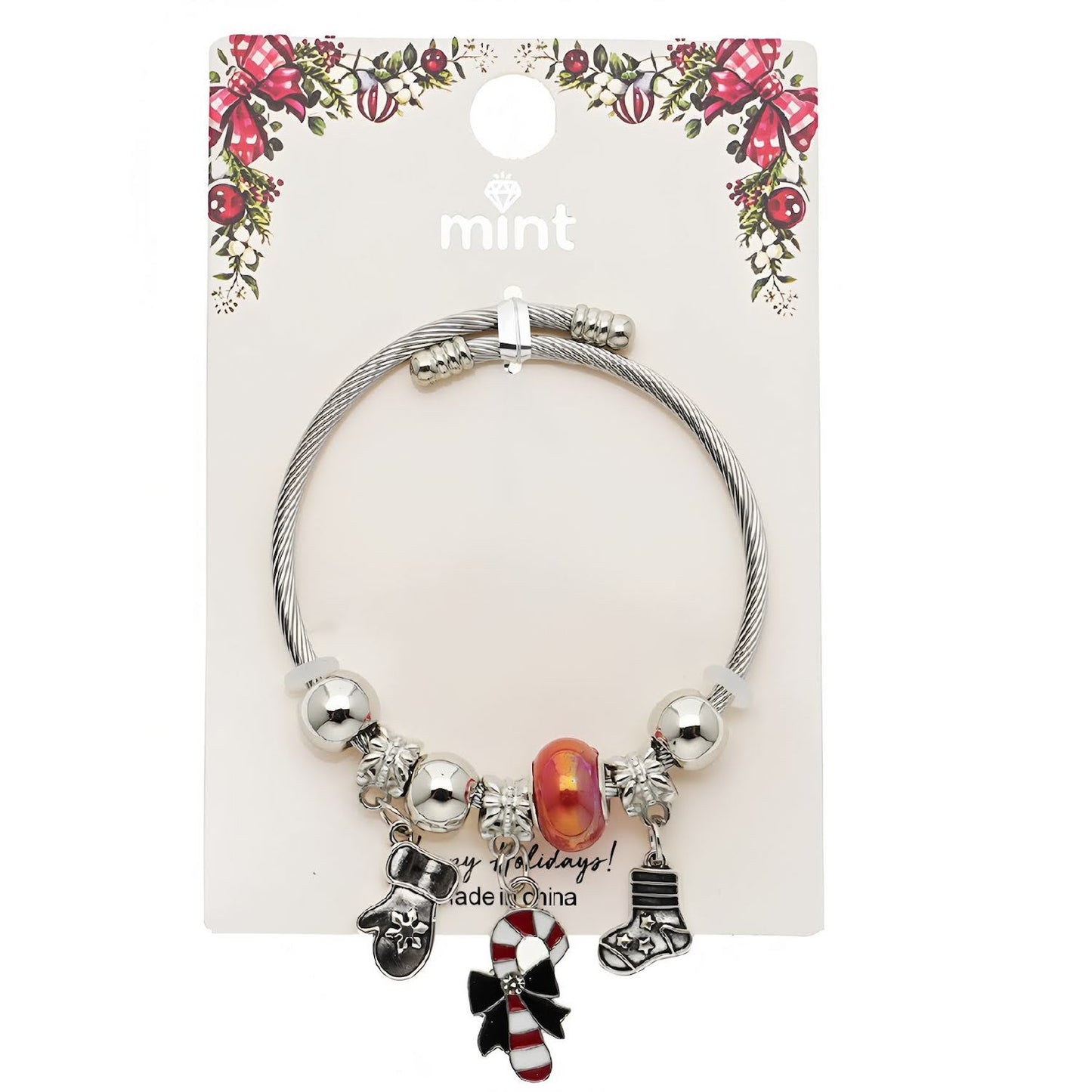 Christmas Stocking & Candy Cane Silver Charm Bracelet
