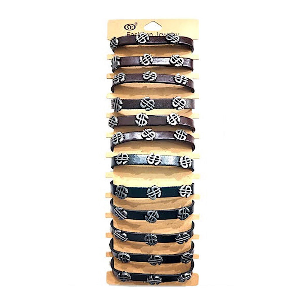 JAB28496 - Dollar Sign Adjustable Leather Bracelet