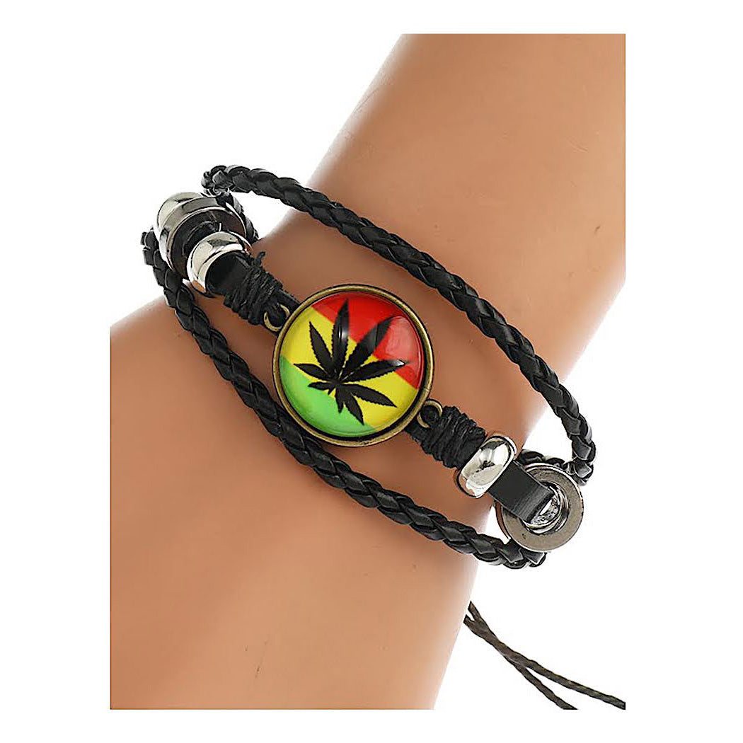 JAB45099 - Marijuana Leaf Leather Bracelet