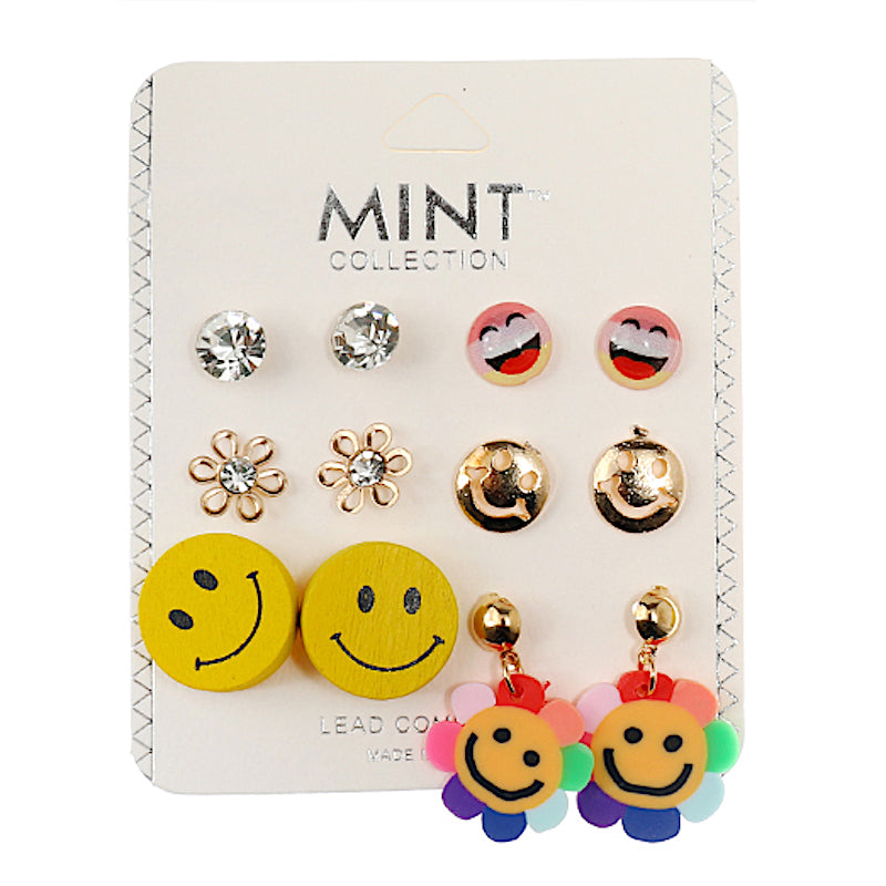 JAE38809 - 6 Pair Smiley Stud Earring Set