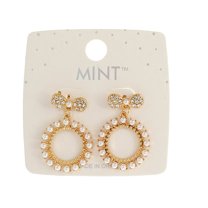 JAE42715 - Rhinestone Bow Pearl Drop Earring