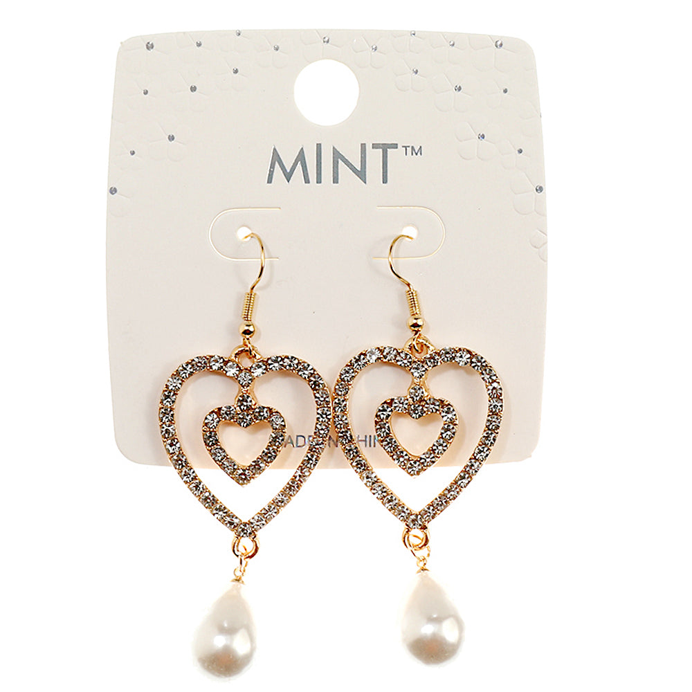 JAE43347 - Rhinestone Heart Pearl Drop Earring