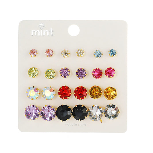 JAE42809 - 12 Pair Rhinestone Stud Earrings Set