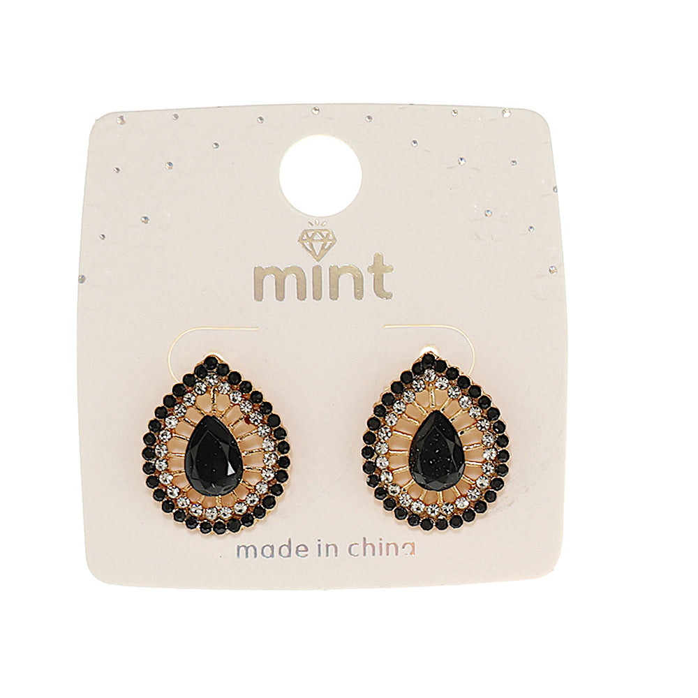 JAE44367BK - Black Rhinestone Teardrop Post Earring