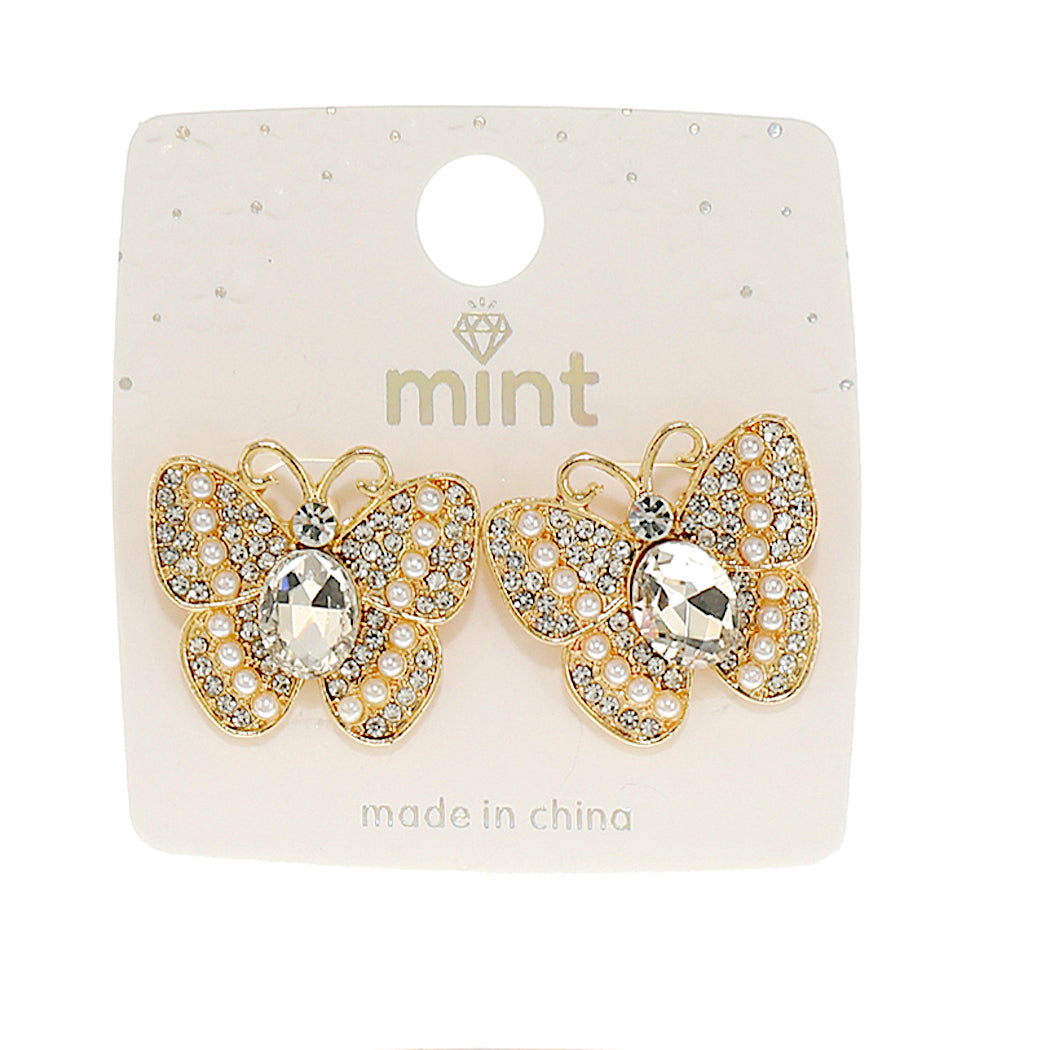 JAE46833 - Rhinestone & Pearl Butterfly Post Earring