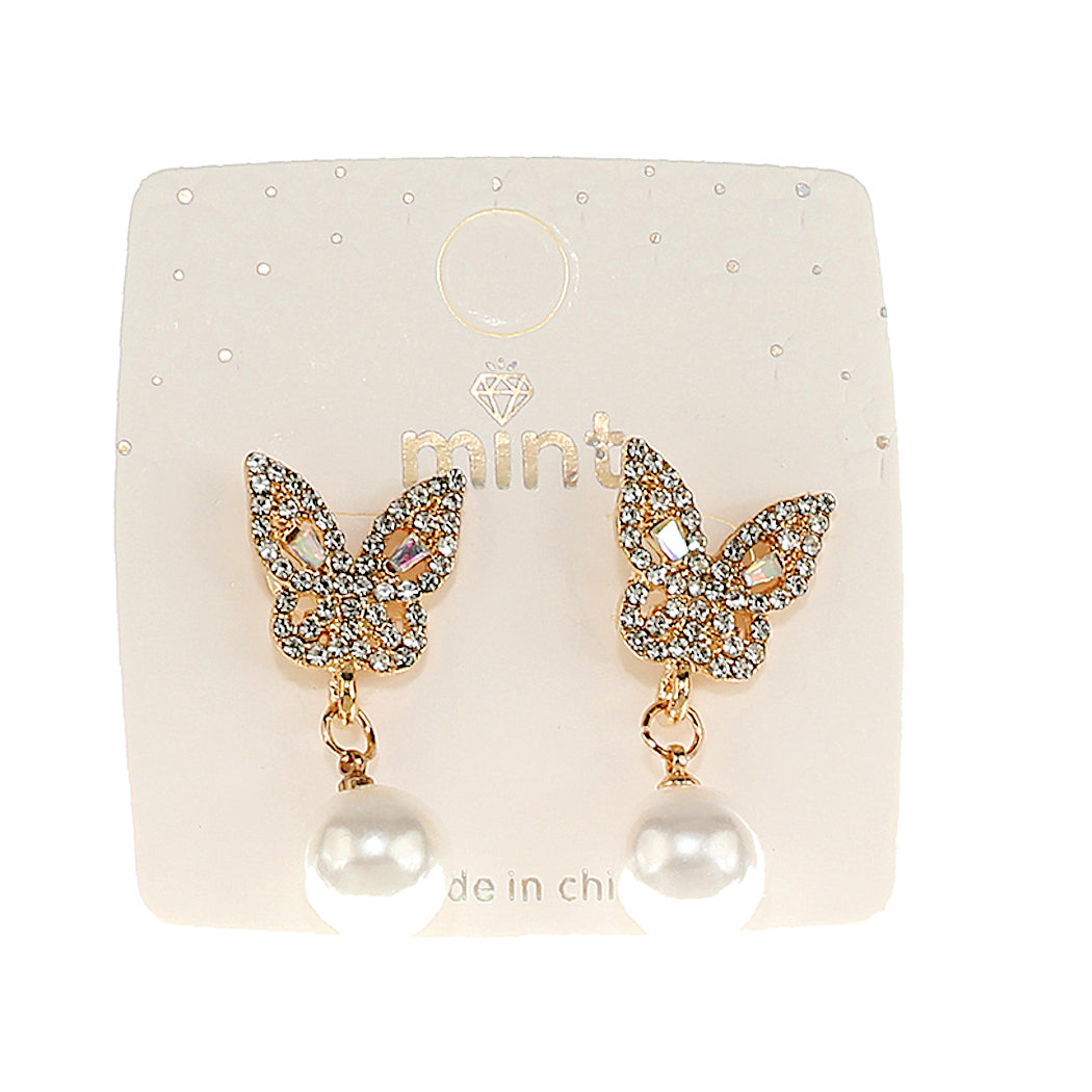 JAE47116 - Rhinestone Butterfly Pearl Drop Earring