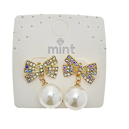 JAE48301 - Pavé Bow Pearl Drop Earrings