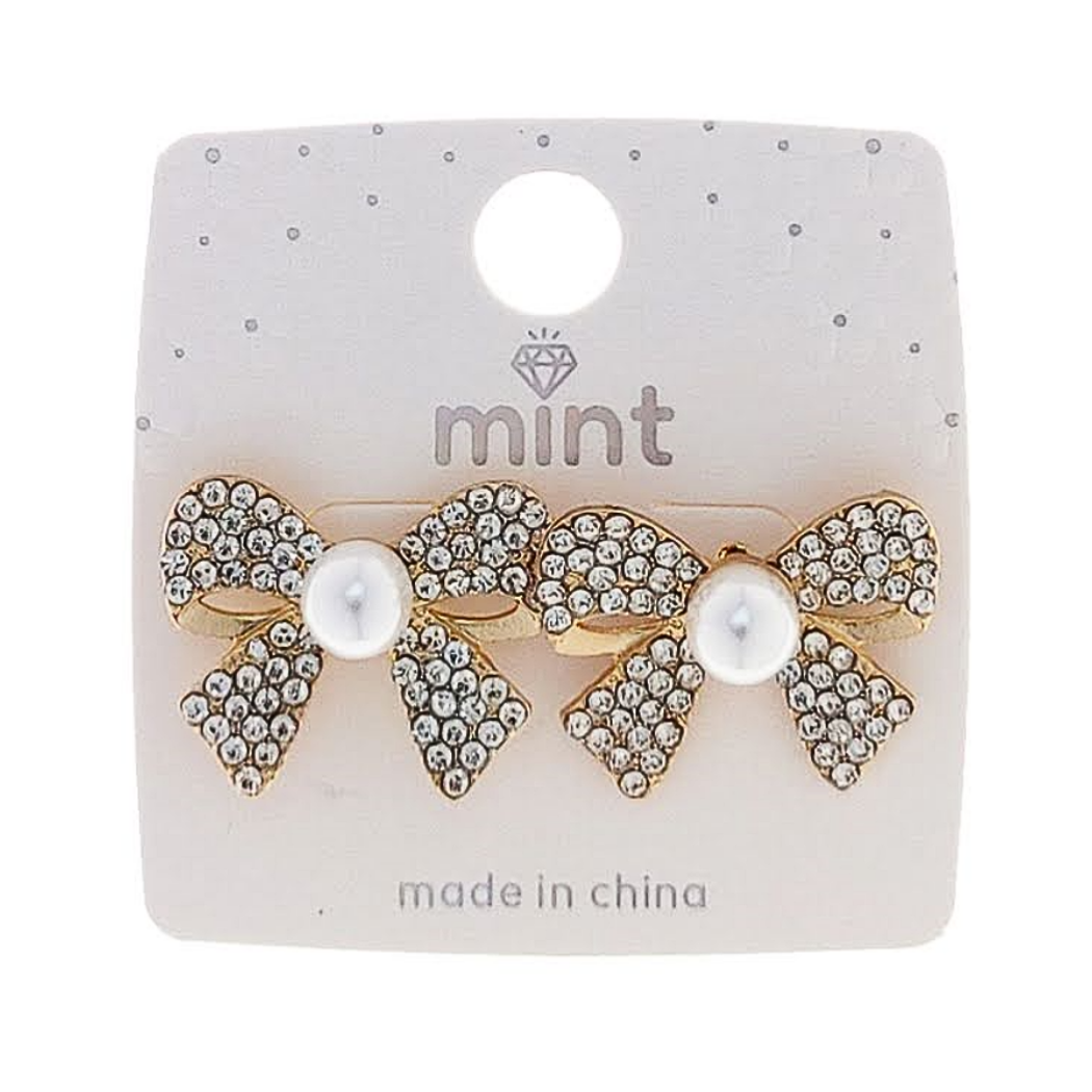 JAE48331 - Rhinestone Bow & Pearl Post Earring