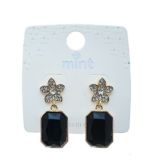 Rhinestone Flower Black Drop Earring
