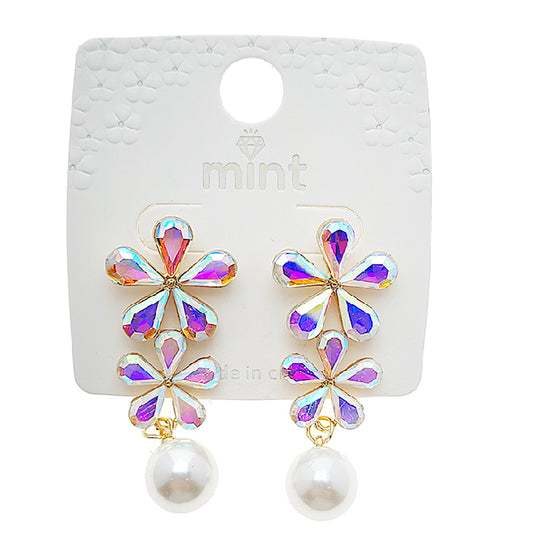 Crystal Flower Pearl Drop Earring