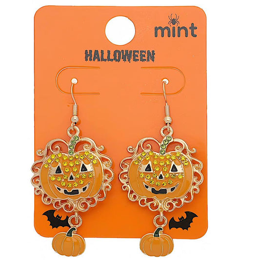 Rhinestone Enamel Halloween Pumpkin Dangle Earring