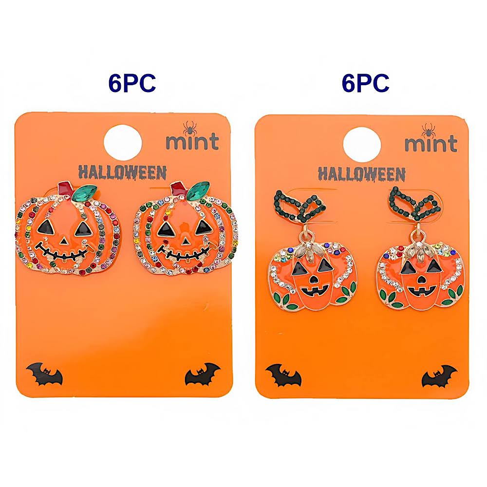 Halloween Rhinestone Pumpkin Post & Drop Earrings