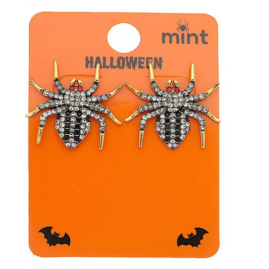 Halloween Rhinestone Spider Post & Drop Earrings