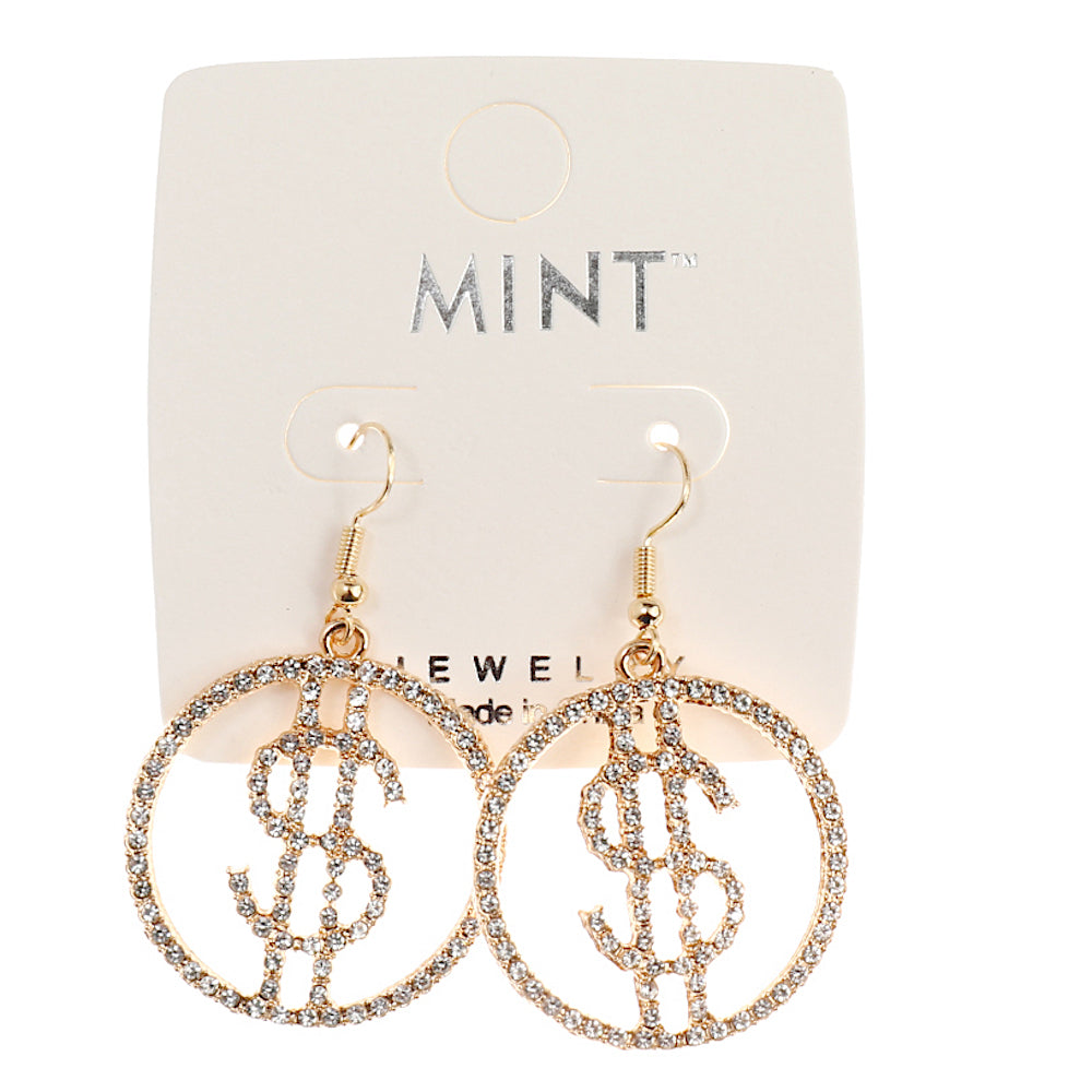 Rhinestone Dollar Sign Fish Hook Earring