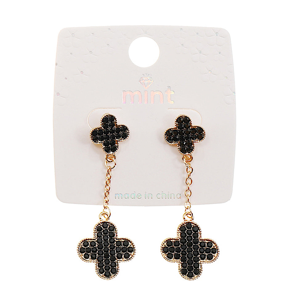 JAE44615BK - Rhinestone Black Clover Drop Earring