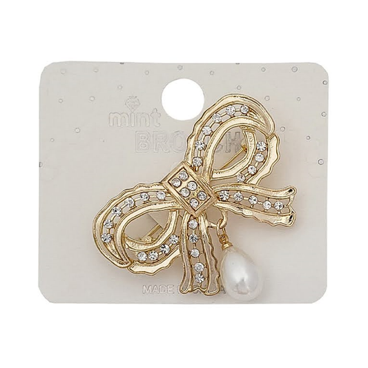 JAH48470 - Rhinestone Bow & Pearl Drop Brooch