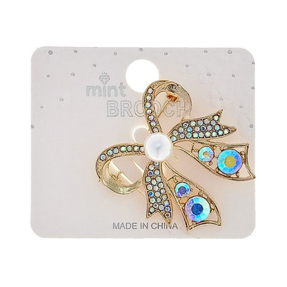 JAH48682-Rhinestone Bow & Pearl Brooch