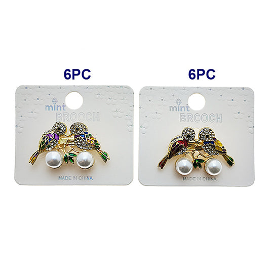 Rhinestone Lovebirds Pearl Brooch