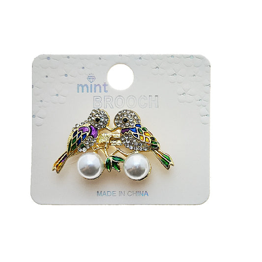 Rhinestone Lovebirds Pearl Brooch