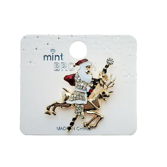 Rhinestone Christmas Santa & Reindeer Brooch Pin