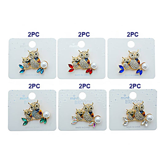 Rhinestone Perched Owl Pair Brooch